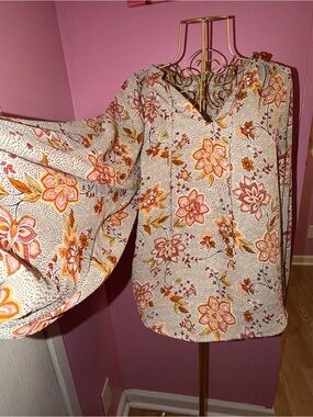 Philosophy Floral Bell-Sleeve V-Neck Top - Pink, Orange & Cream